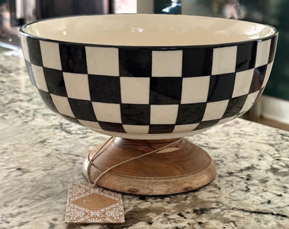 New ceramic Made in India black check checkered 10.5x5.5 large table top pedestal fruit bowl