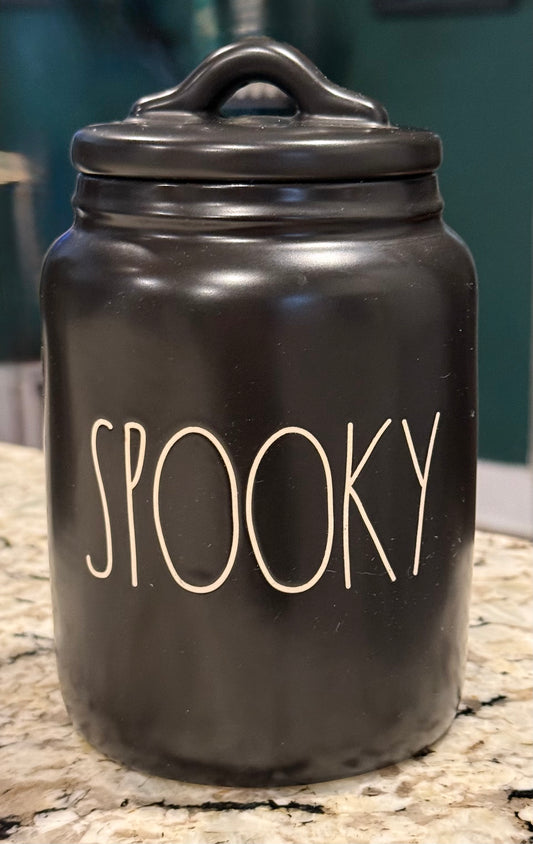 New Rae Dunn black ceramic 6” flat lid Halloween canister SPOOKY white writing
