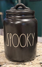 New Rae Dunn black ceramic 6” flat lid Halloween canister SPOOKY white writing