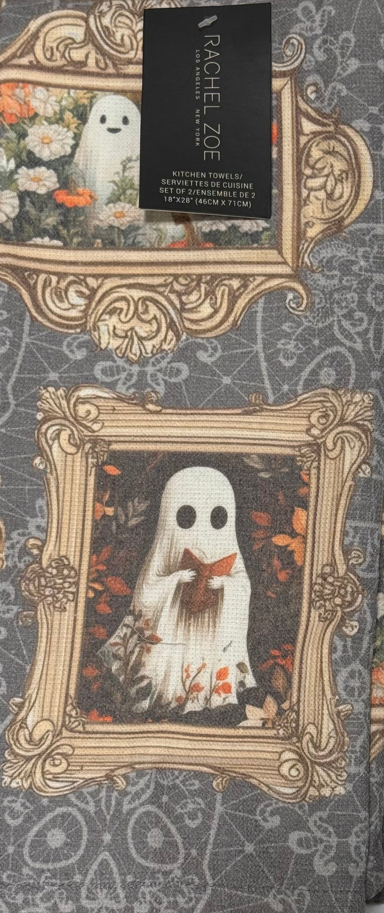 New Rachel Zoe set of 2 reading ghost photo frame Halloween decor kitchen dish towels