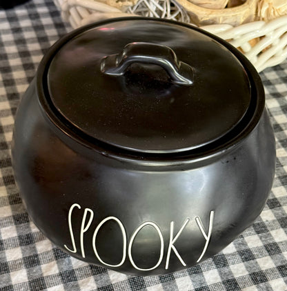 Rae Dunn black ceramic Halloween decor 10” candy caldron SPOOKY