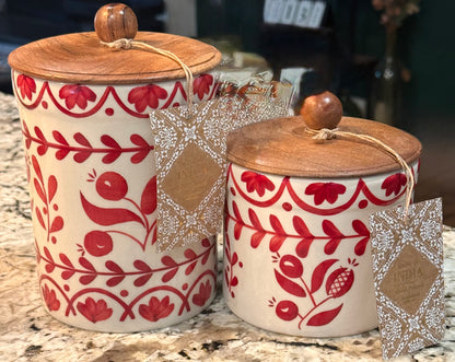 New Made in India 2-piece ceramic red poppy floral wood lid canister set 7” & 5”