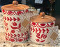 New Made in India 2-piece ceramic red poppy floral wood lid canister set 7” & 5”