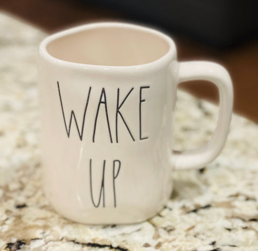 New Rae Dunn white ceramic coffee mug WAKE UP