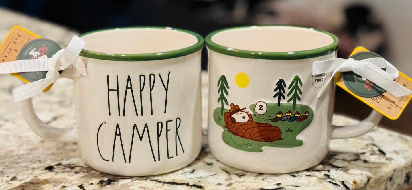 New Rae Dunn x Peanuts Snoopy HAPPY CAMPER ceramic coffee mug