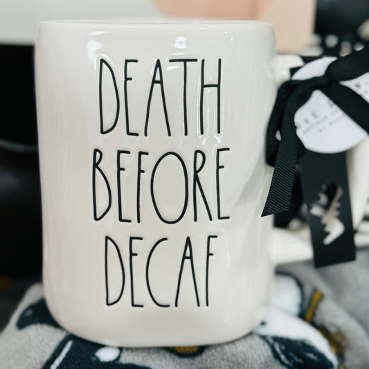 New Rae Dunn white ceramic Halloween decor coffee mug DEATH BEFORE DECAF