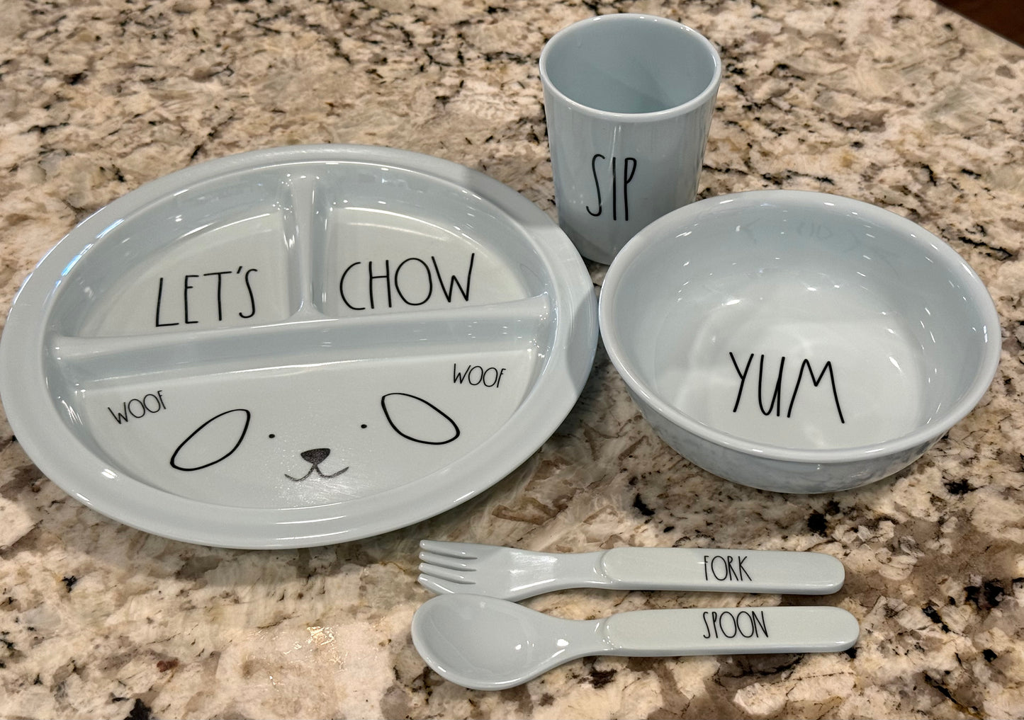 New 5-piece blue plastic child’s dinner plate set with utensils LET’S CHOW