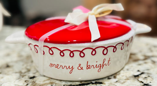 New Rae Dunn red & white striped Christmas covered baking dish MERRY CHRISTMAS