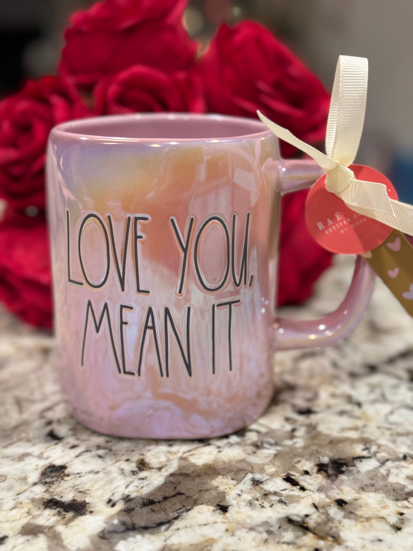 New Rae Dunn pink iridescent ceramic heart Valentines coffee mug LOVE YOU, MEAN IT