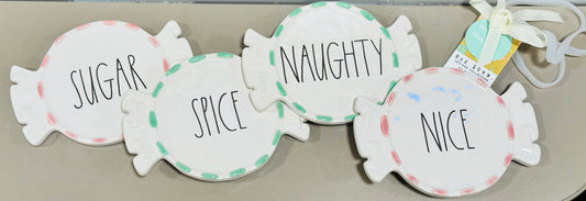 New Rae Dunn 4-piece pastel peppermint coaster set SUGAR SPICE NAUGHTY NICE