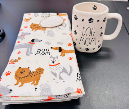 New Rae Dunn white ceramic 🐾 coffee mug DOG MOM & 3-piece Dog Mom kitchen dish towel set