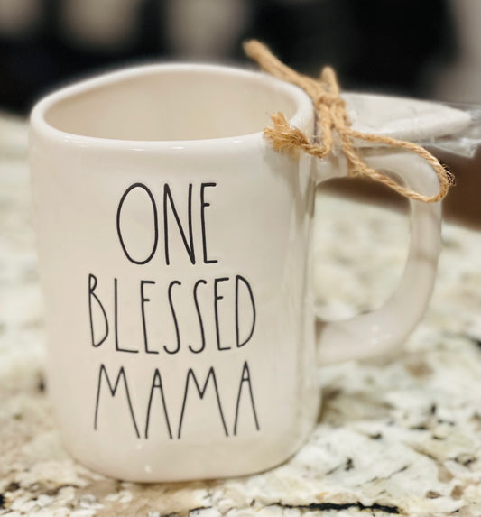 New Rae Dunn white ceramic coffee mug ONE BLESSED MAMA