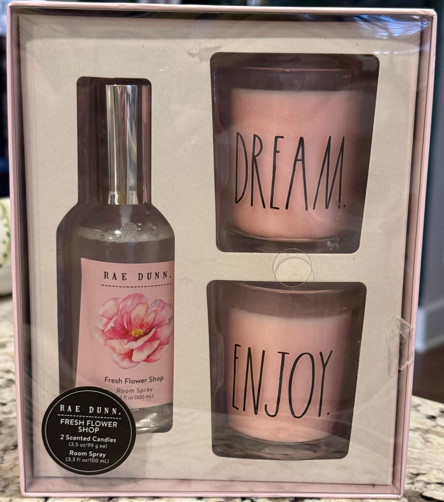 New Rae Dunn pink rose Room Spray & candle box set DREAM/ENJOY