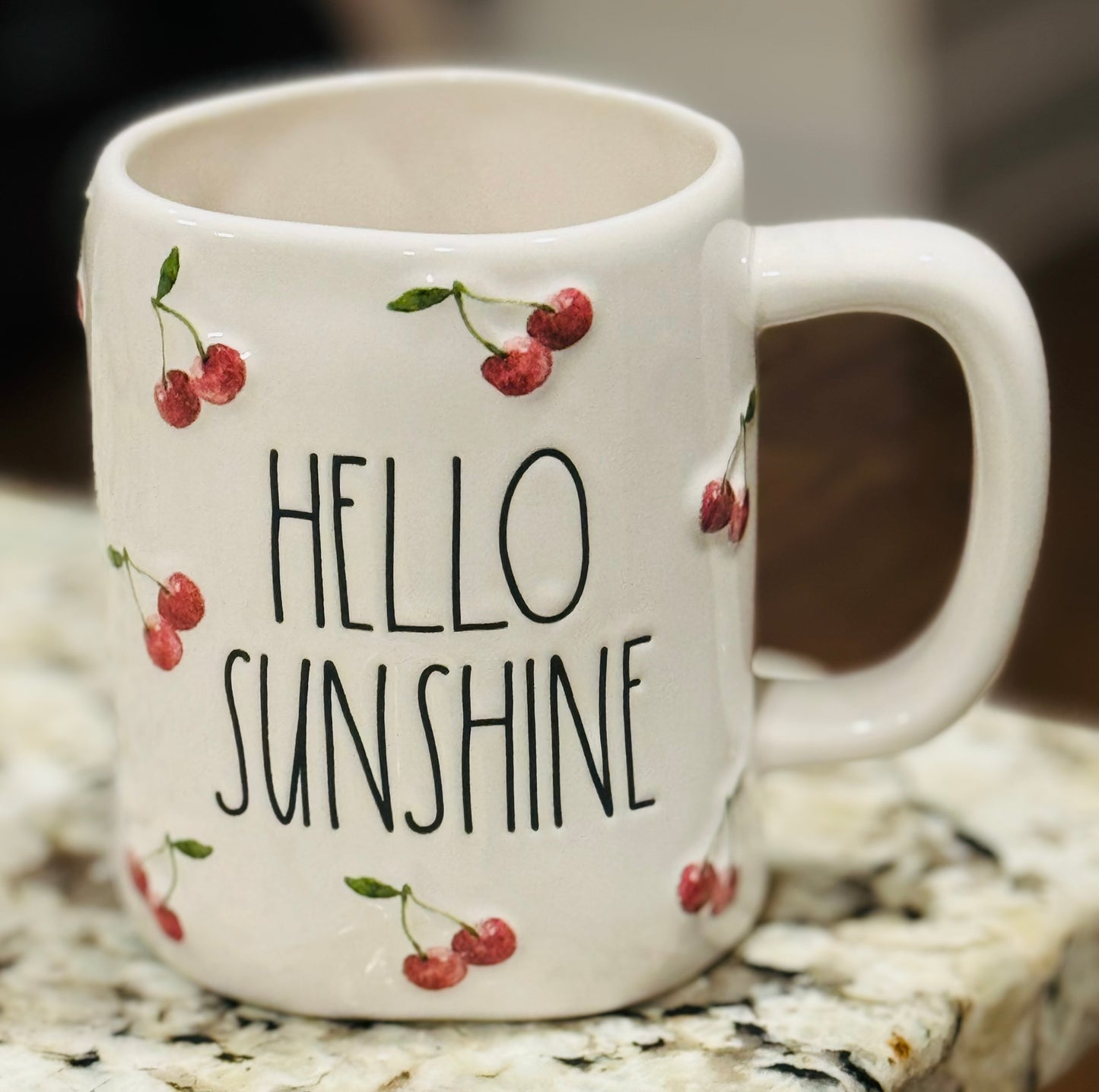 New Rae Dunn white ceramic Cherry 🍒 print coffee mug HELLO SUNSHINE