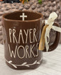 New Rae Dunn brown  ceramic coffee mug PRAYER WORKS