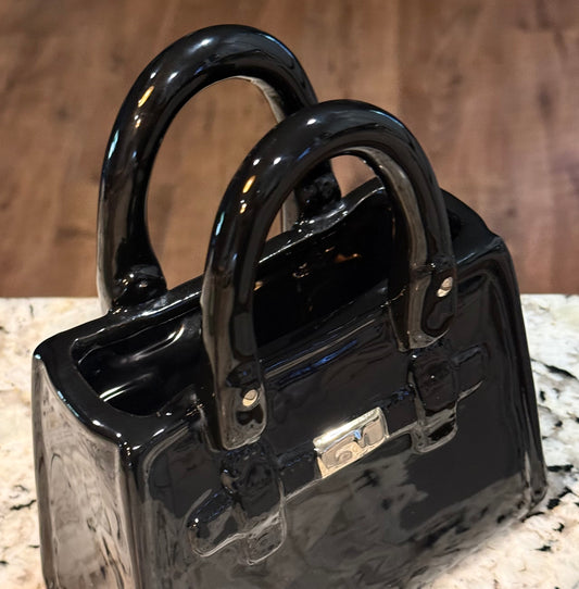 New black iridescent ceramic  handbag vase 8.25x7