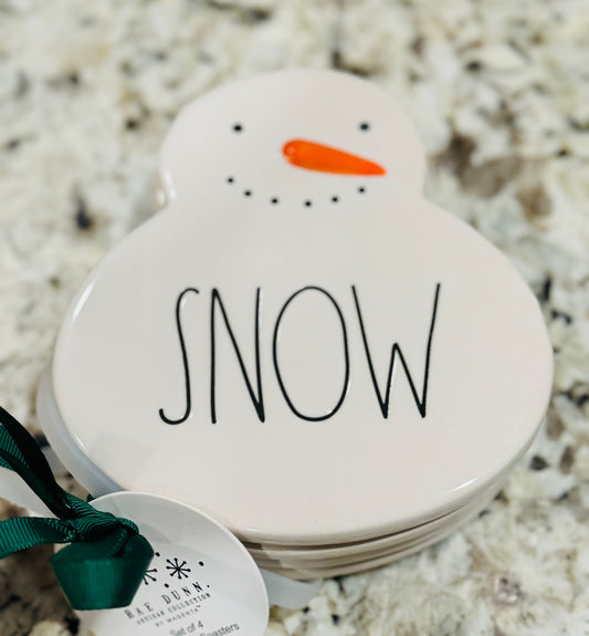 New Rae Dunn 4-piece ceramic Snowman SNOW Christmas coaster set