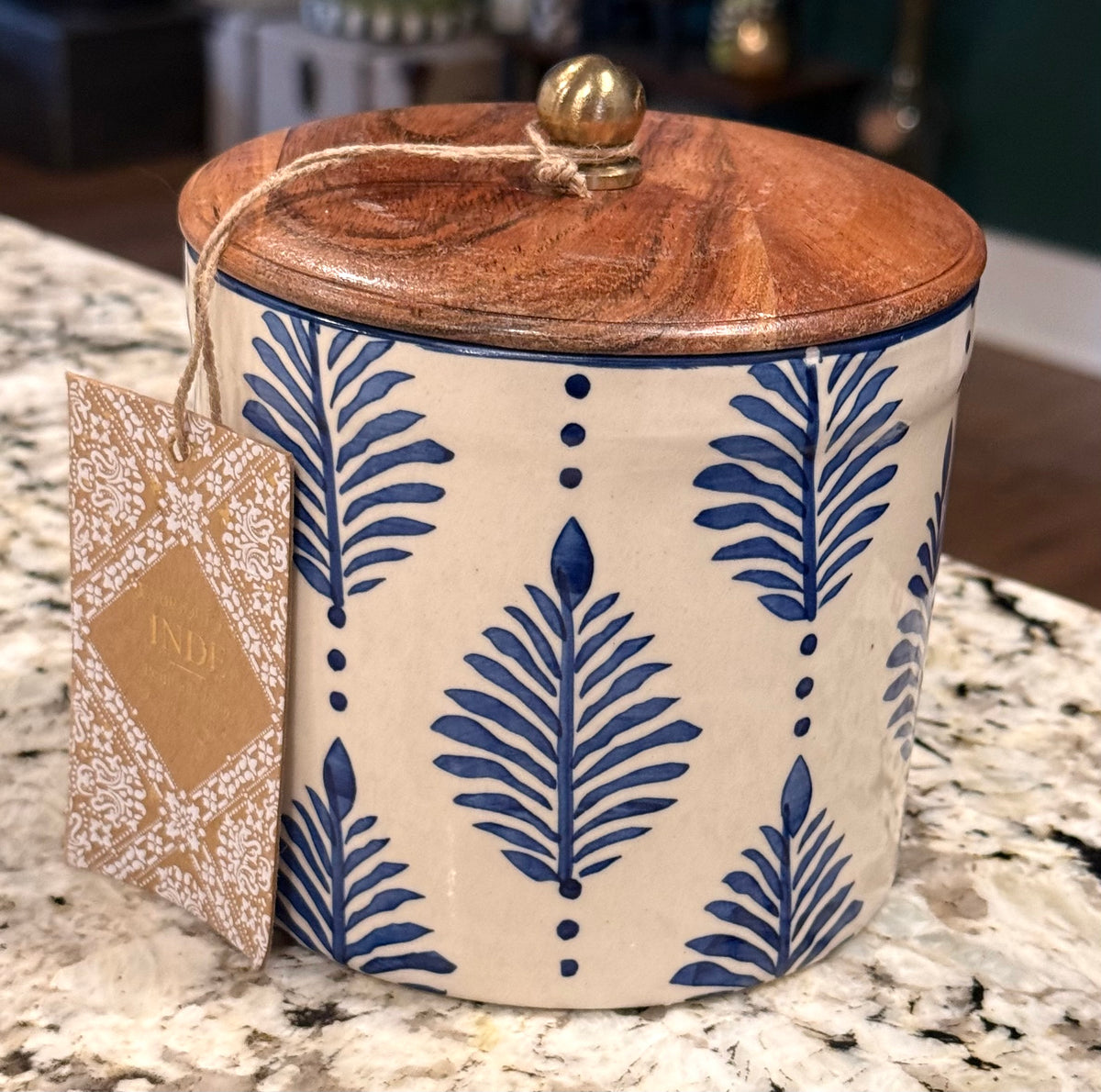 New Made in India 5” ceramic wood top blue leaf canister