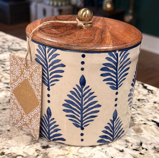 New Made in India 5” ceramic wood top blue leaf canister