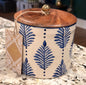 New Made in India 5” ceramic wood top blue leaf canister