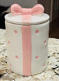 New ceramic white polka dot pink bow  🎀 hand painted storage container 6”