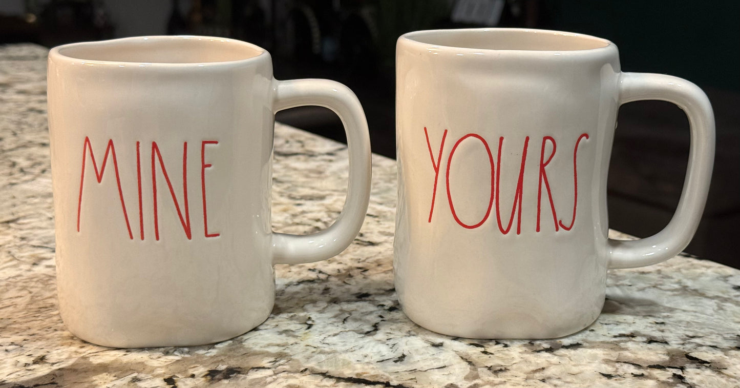 New Rae Dunn ceramic coffee mug set MINE/YOURS (red)