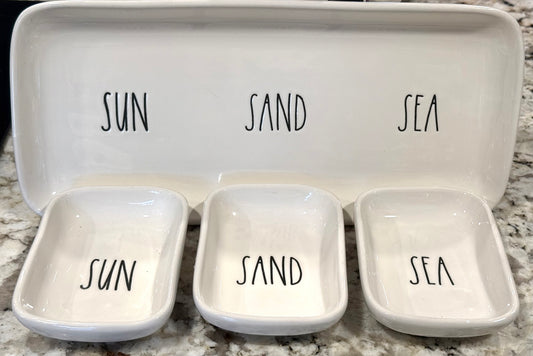Rae Dunn beach themed white ceramic serving plater with plates SUN SAND SEA