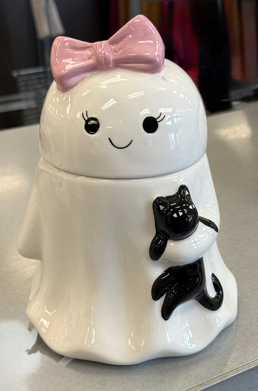 New ceramic 8” pink bow ghost holding cat cookie jar