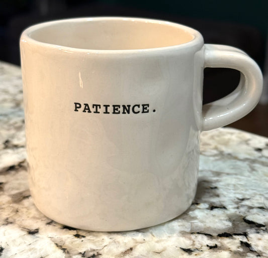 Vintage Rae Dunn ceramic coffee mug PATIENCE.
