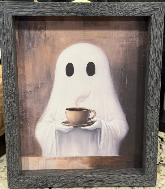 New gray wood framed ghost holding coffee Halloween picture decor 8x10