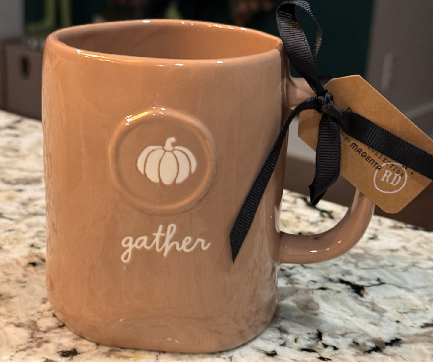 New Rae Dunn pumpkin GATHER ceramic taupe coffee mug (no flaws just lighting)