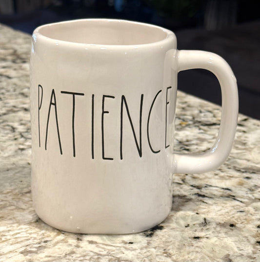 Rae Dunn white ceramic coffee mug PATIENCE