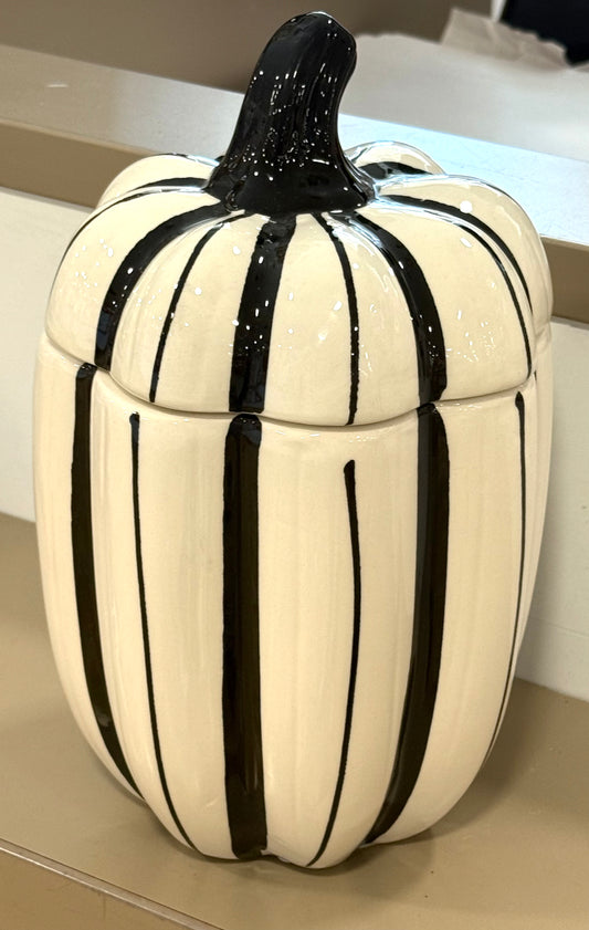 New striped ceramic pumpkin fall canister cookie jar 11.5”