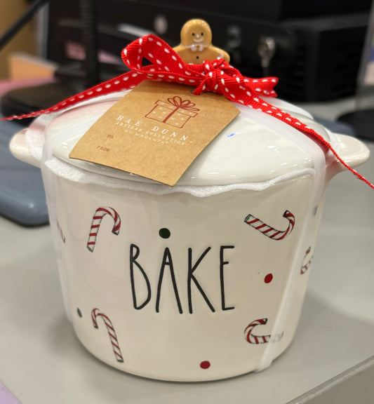 New Rae Dunn ceramic gingerbread topped baking dish BAKE candy cane & polka dot