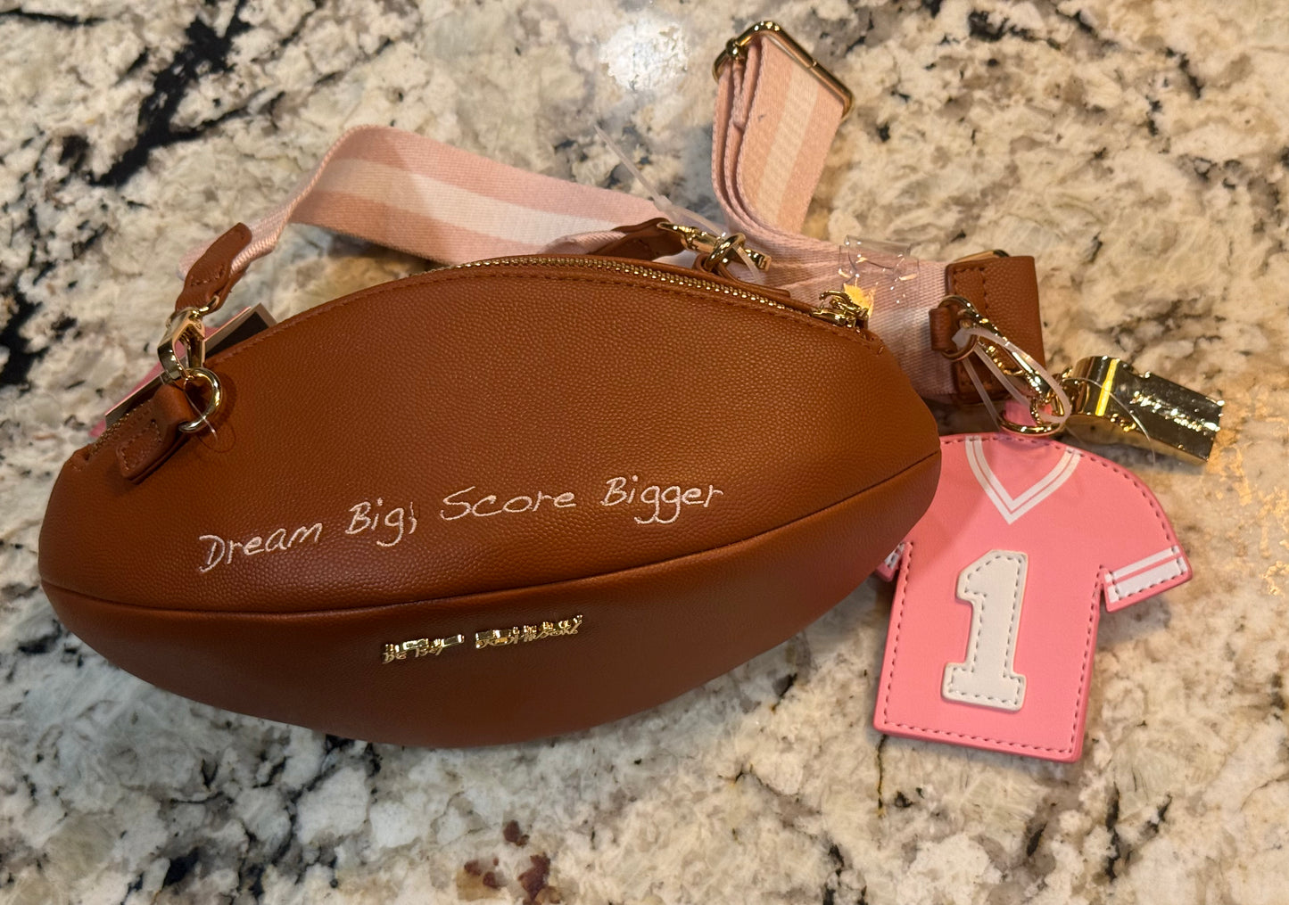New Betsy Johnson pink trimmed football purse handbag