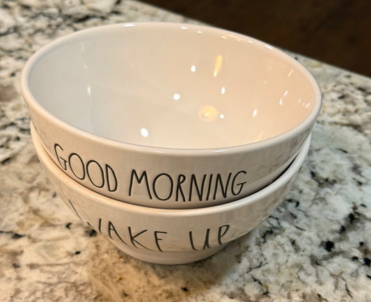 Rae Dunn 2-piece white ceramic cereal bowl set WAKE UP & GOOD MORNING