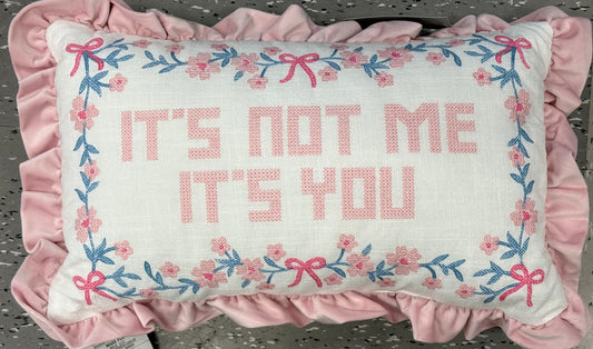 New needle point pink and white coquette velvet trimmed throw pillow 12x20 IT’S NOT ME IT’S YOU