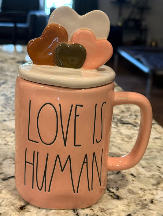 New Rae Dunn ceramic heart topped coffee mug LOVE IS HUMAN