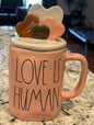 New Rae Dunn ceramic heart topped coffee mug LOVE IS HUMAN