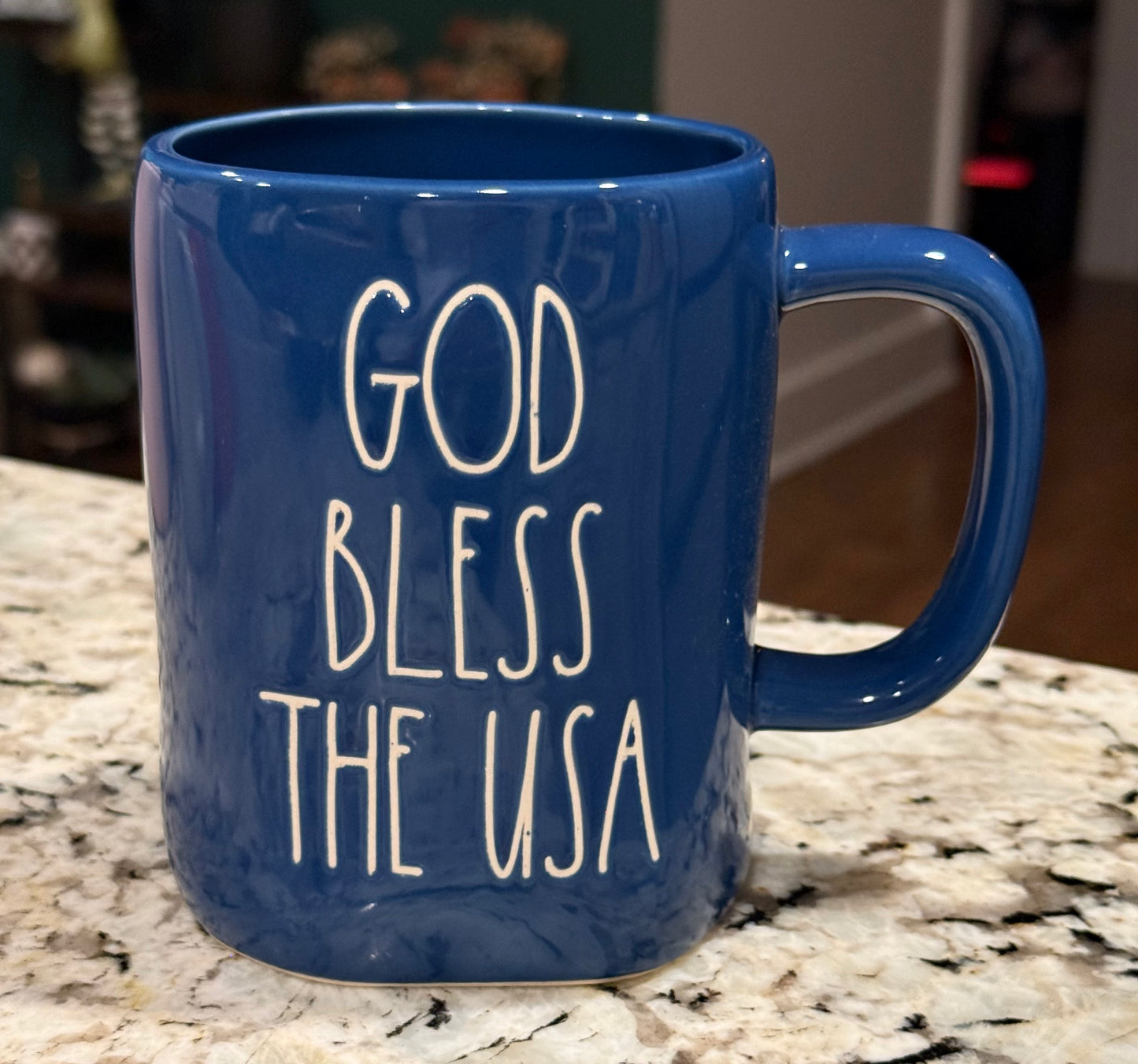 New Rae Dunn Americana blue ceramic coffee mug GOD BLESS THE USA