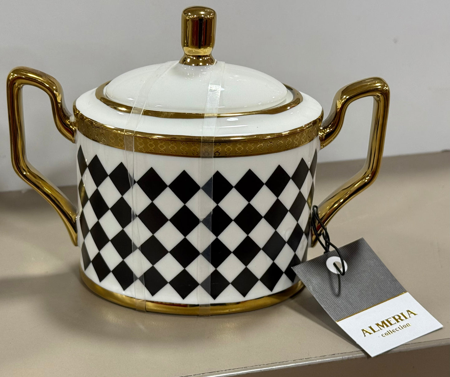 New ceramic gold checked teapot and sugar storage set