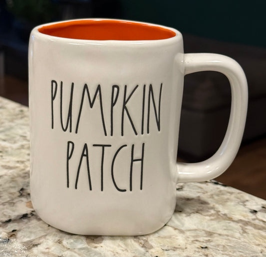 Rae Dunn white ceramic coffee mug PUMPKIN PATCH -orange interior