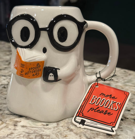 New white ceramic Halloween ghost book reading coffee mug-spooky stories