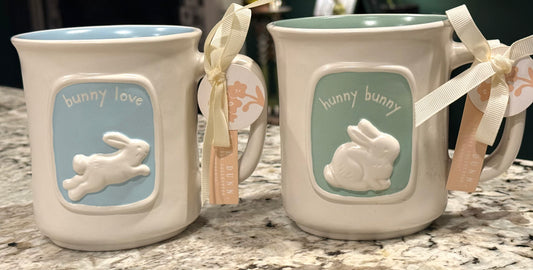 New Rae Dunn 2-piece Easter Bunny coffee mug set BUNNY LOVE & HUNNY BUNNY