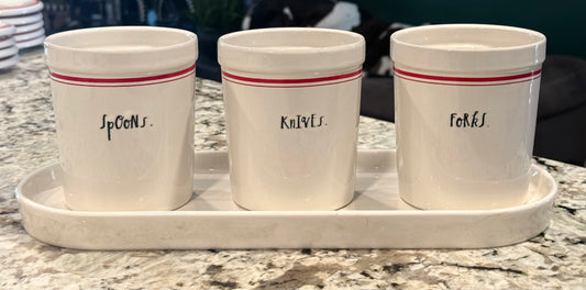 Rae Dunn red line gently used ceramic utensil holder with tray