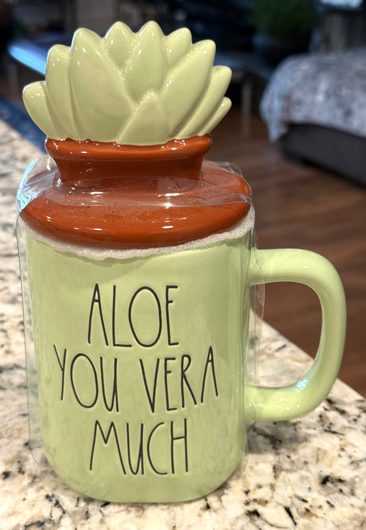New Rae Dunn green ceramic topped coffee mug ALOE YOU VERA MUCH
