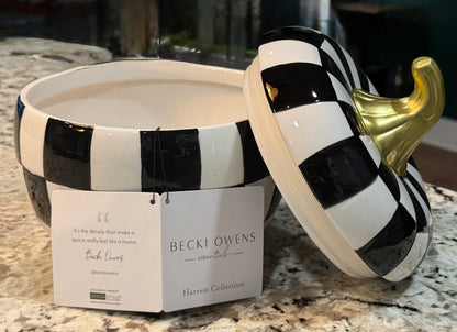 New ceramic Becky Owen’s 8x8 black and white checkered pumpkin cookie jar storage canister
