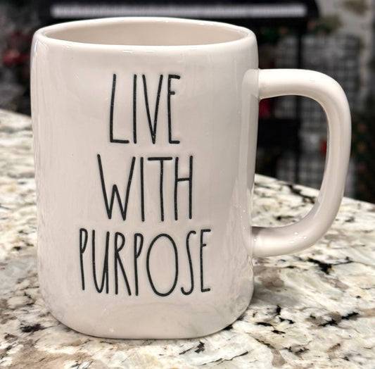New Rae Dunn white ceramic coffee mug LIVE WITH PURPOSE
