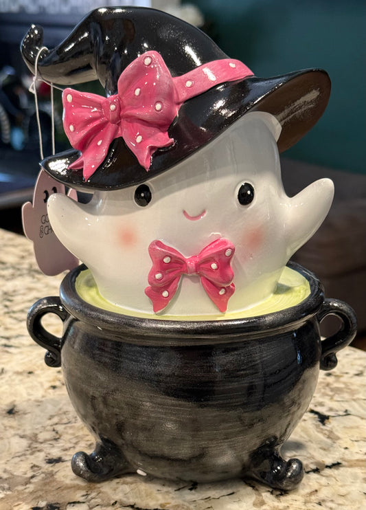 New resin black caldron ghost with bow Halloween decor