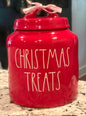 New Rae Dunn 8” red ceramic CHRISTMAS TREATS Christmas cookie jar canister